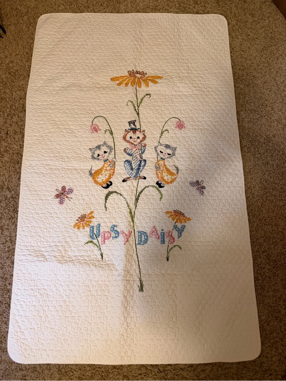 Handmade Quilt Toddler Bed Crib Blanket Cats Butterflies Daisies
